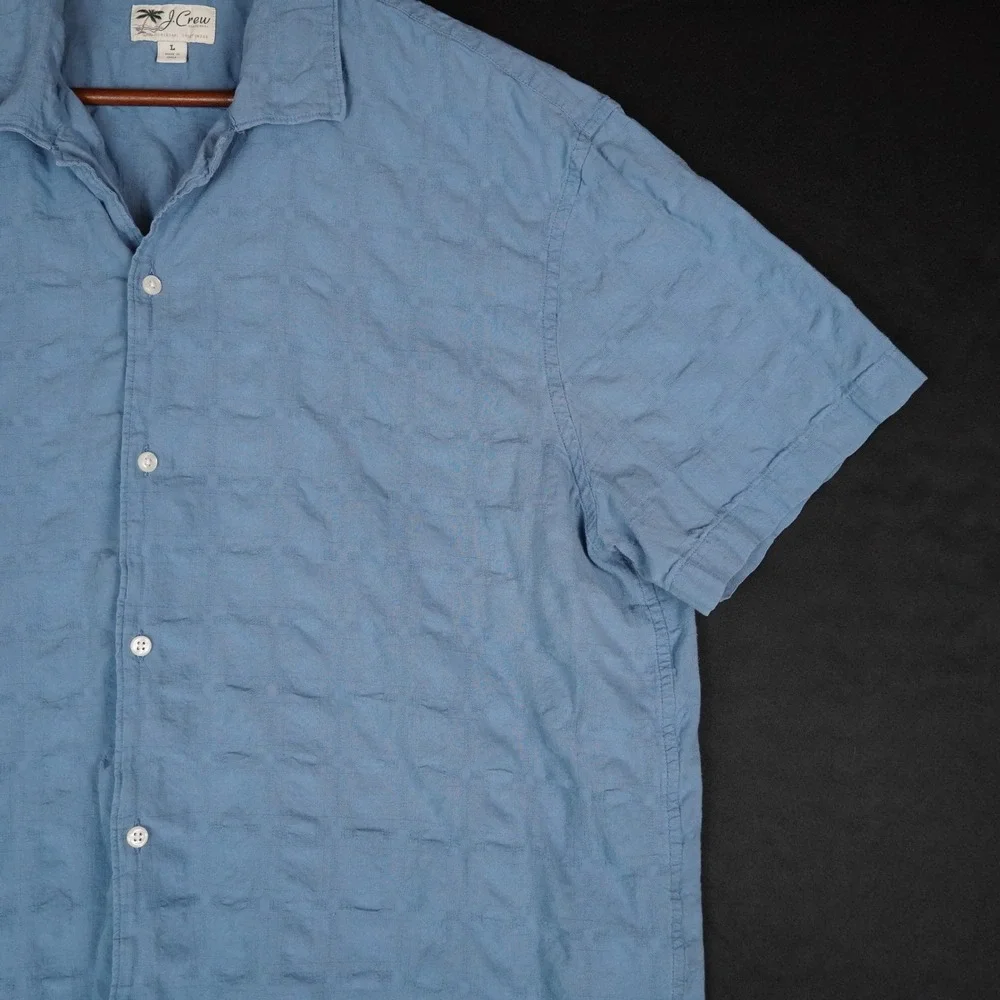 J. Crew Shirt Mens L Blue Textured Grid Short Sleeve Camp Collar Cotton Casual